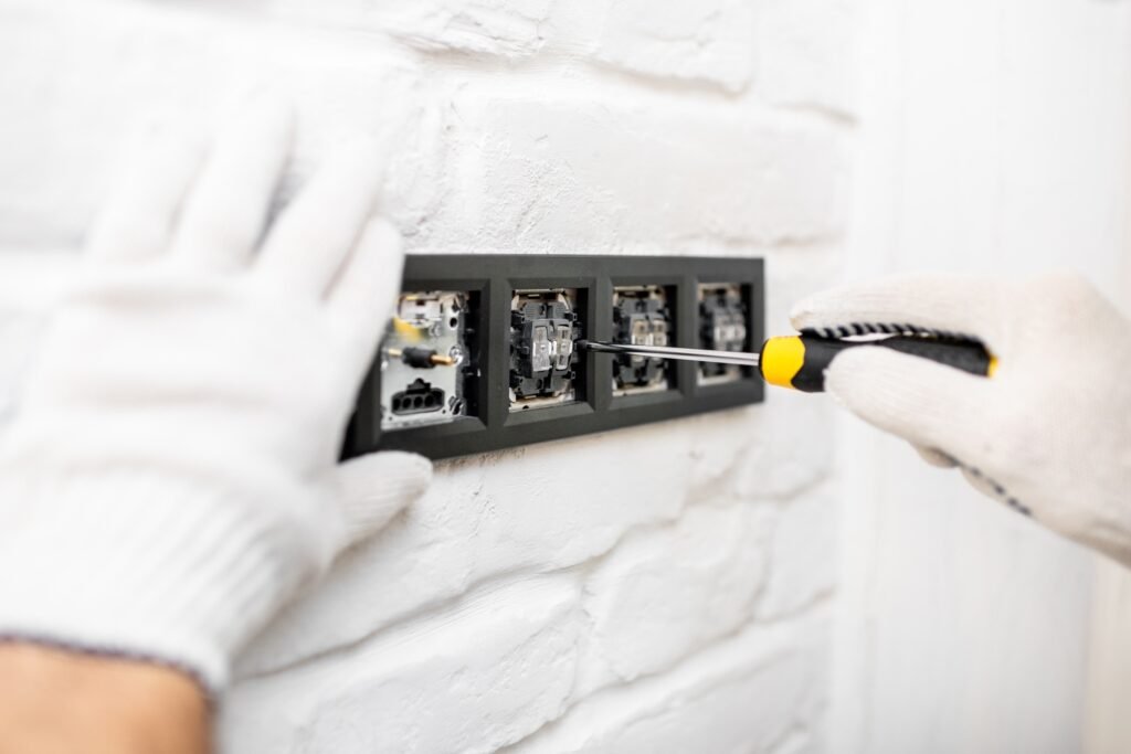 Electrician installing sockets and switches